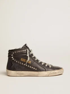 Hot Golden Goose Slide feminino preto com tachas Cabedal de couro de bezerro