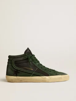 Cheap Golden Goose Slide LTD de suede verde e lona preta com estrela e lista de suede Cabedal de suede verde bosque e lona preta