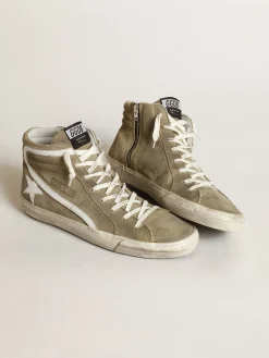 Hot Golden Goose Slide masculino de suede verde-militar com estrela e lista brancas Cabedal de suede verde militar