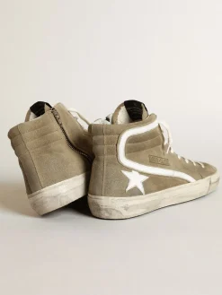 Hot Golden Goose Slide masculino de suede verde-militar com estrela e lista brancas Cabedal de suede verde militar