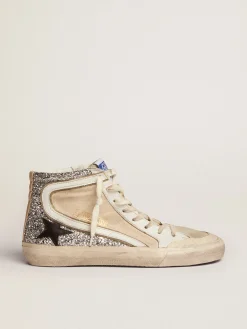 Online Golden Goose Slide Penstar feminino de lona cor creme e glitter prateado Cabedal de lona creme e glitter prateado