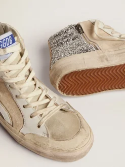 Online Golden Goose Slide Penstar feminino de lona cor creme e glitter prateado Cabedal de lona creme e glitter prateado
