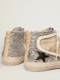 Online Golden Goose Slide Penstar feminino de lona cor creme e glitter prateado Cabedal de lona creme e glitter prateado