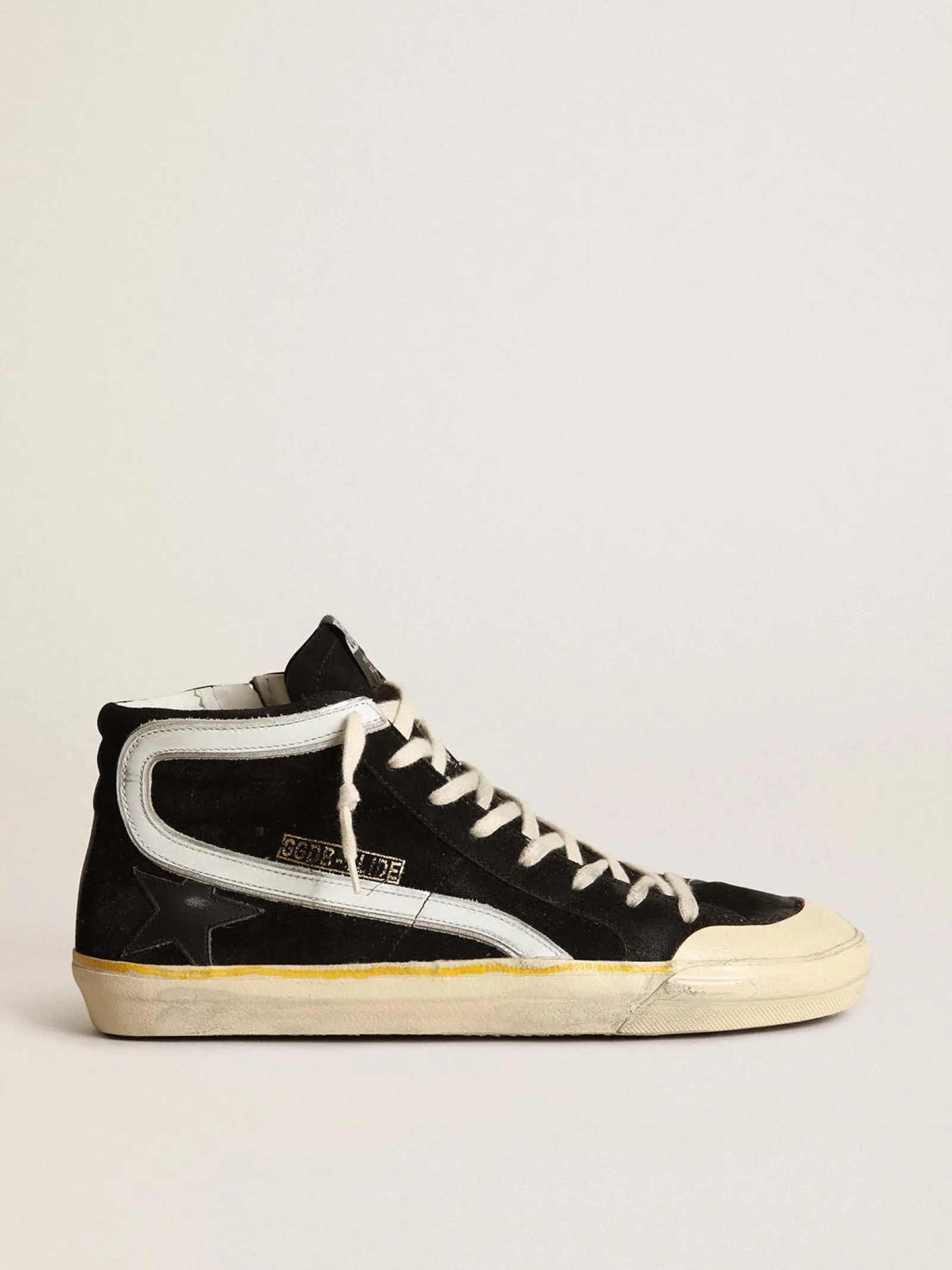 Store Golden Goose Slide Penstar masculino de suede preto com estrela e lista brancas Cabedal de suede preto