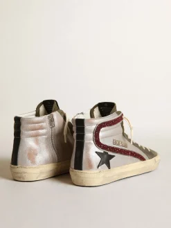 Best Sale Golden Goose Slide prateado com estrela de couro preto e lista de glitter Cabedal de suede prateado efeito metálico opaco com tons nude