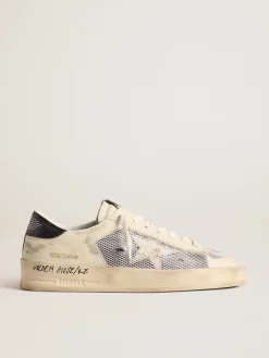 Fashion Golden Goose Stardan de couro e tela brancos com talão metálico azul Cabedal de couro e tela brancos