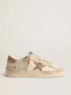 Best Sale Golden Goose Stardan de napa cor cru com estrela e talão de glitter dourado Cabedal de napa cor cru