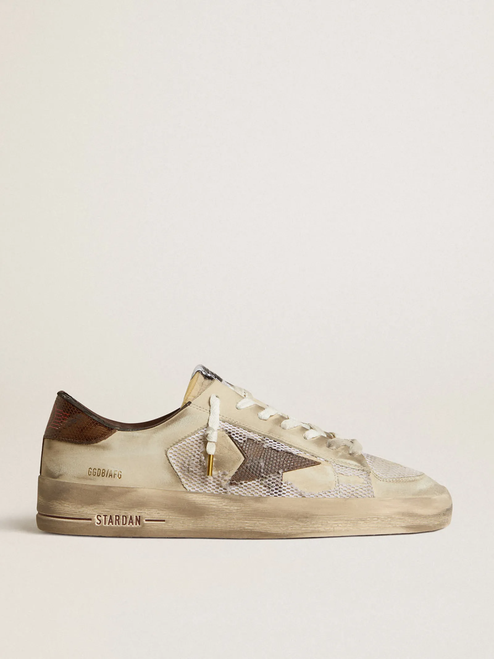 Outlet Golden Goose Stardan de nubuk e tela com estrela de couro com estampa de lagarto marrom Cabedal de nubuk branco sujo com inserções de tela branca