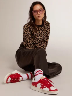 Best Golden Goose Stardan feminino de couro branco e vermelho Cabedal de couro branco e vermelho