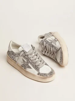 Cheap Golden Goose Stardan feminino de couro branco e glitter Cor: branco e prateada