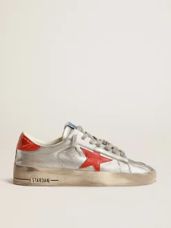 Sale Golden Goose Stardan Feminino de couro metálico, inserções de glitter vermelho Cabedal de couro metálico prateado