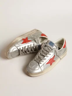 Sale Golden Goose Stardan Feminino de couro metálico, inserções de glitter vermelho Cabedal de couro metálico prateado