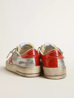 Sale Golden Goose Stardan Feminino de couro metálico, inserções de glitter vermelho Cabedal de couro metálico prateado
