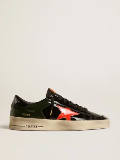 Best Golden Goose Stardan Feminino de couro envernizado preto e verde com estrela laranja Cabedal de couro envernizado preto com inserções de couro envernizado verde-escuro