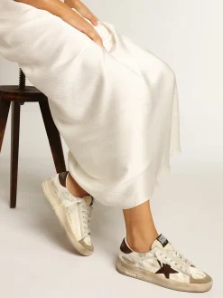 Fashion Golden Goose Stardan Feminino napa e cavalinho com estrela de suede marrom Cabedal de napa cor creme e couro cavalinho branco