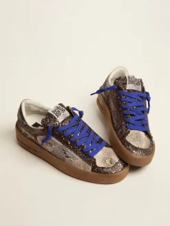 Fashion Golden Goose Stardan LAB feminino com cabedal de glitter marrom e estrela preta Cabedal de glitter marrom escuro e inserções de tela