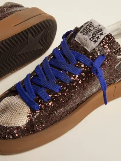 Fashion Golden Goose Stardan LAB feminino com cabedal de glitter marrom e estrela preta Cabedal de glitter marrom escuro e inserções de tela