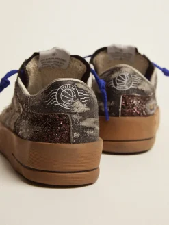 Fashion Golden Goose Stardan LAB feminino com cabedal de glitter marrom e estrela preta Cabedal de glitter marrom escuro e inserções de tela