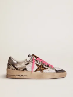 Fashion Golden Goose Stardan LAB feminino com cabedal de couro e estrela de couro cavalinho leopardo Cabedal de couro cavalinho com estampa de serpente e inserções de tela