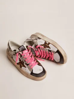 Fashion Golden Goose Stardan LAB feminino com cabedal de couro e estrela de couro cavalinho leopardo Cabedal de couro cavalinho com estampa de serpente e inserções de tela