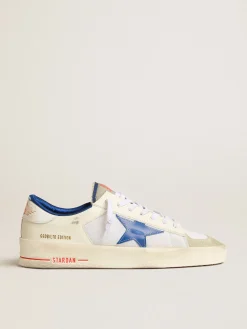 Sale Golden Goose Stardan LTD de tela e couro brancos com estrela azul e talão branco Cabedal de tela branca e couro branco leite