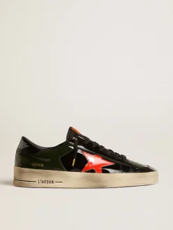 Hot Golden Goose Stardan Masculino de couro envernizado preto e verde com estrela laranja Cabedal de couro envernizado preto com inserções de couro envernizado verde-escuro