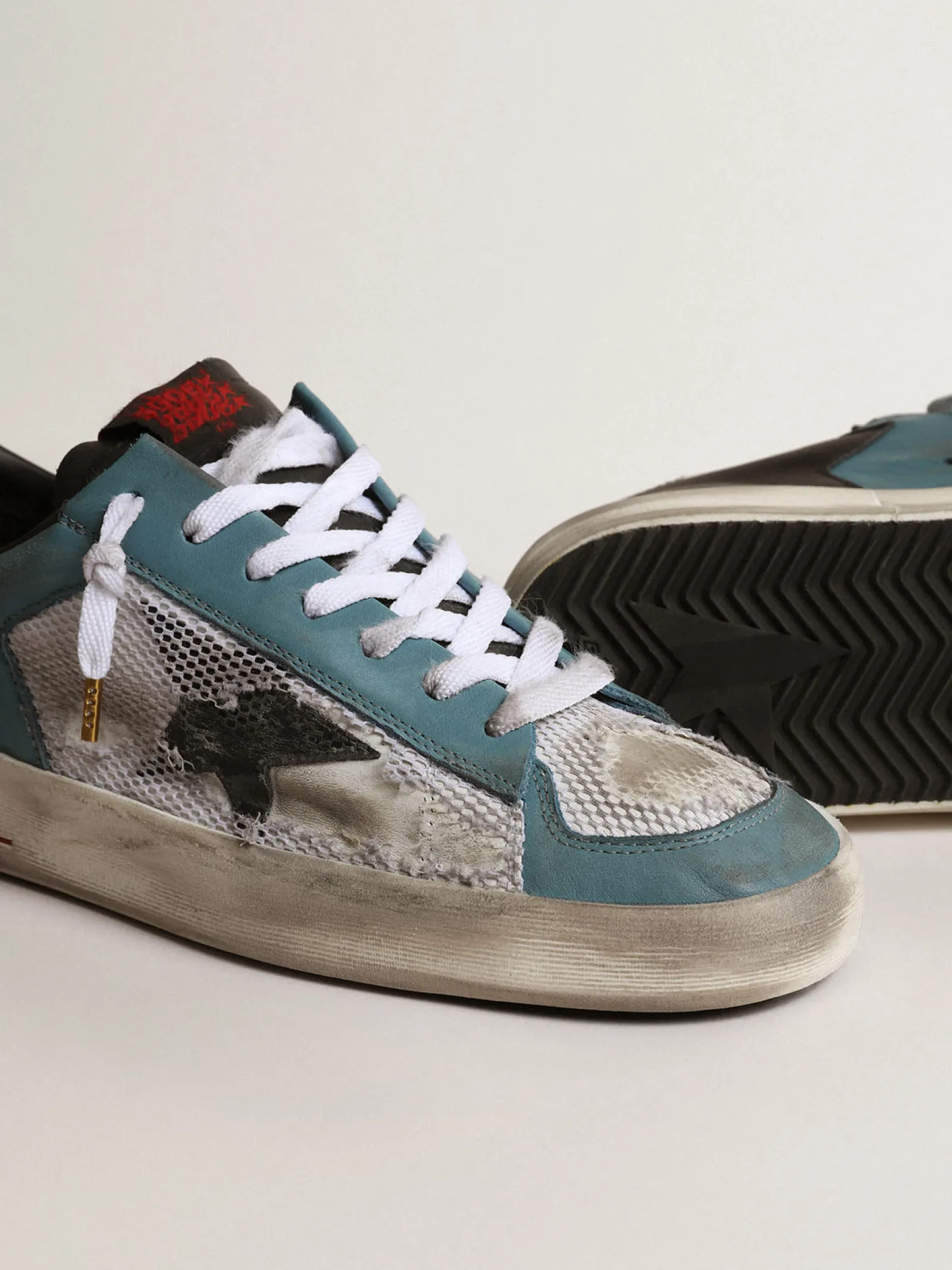 Store Golden Goose Stardan Masculino de tela desgastada e cabedal petróleo Cabedal de couro petróleo