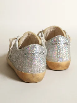 Clearance Golden Goose Super-Star com detalhes de lurex prateado e estrela de couro branco Cabedal com detalhes de lurex prateado com efeito iridescente