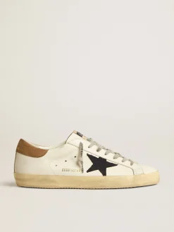 Online Golden Goose Super-Star com estrela de lona azul e talão de couro tabaco Cor: branco