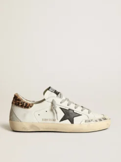 Sale Golden Goose Super-Star com estrela de couro preto e talão de couro cavalinho com estampa de leopardo Cabedal de napa branca