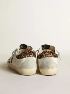 Sale Golden Goose Super-Star com estrela de couro preto e talão de couro cavalinho com estampa de leopardo Cabedal de napa branca