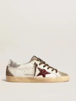Hot Golden Goose Super-Star com estrela de glitter bordô e talão prateado Cor: branco