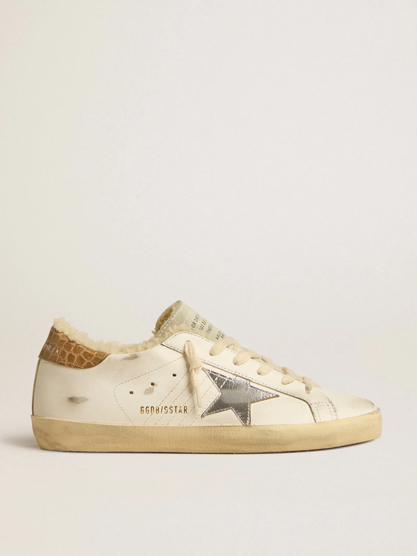 Discount Golden Goose Super-Star com estrela de couro prateado e talão de couro com estampa de crocodilo Cor: branco