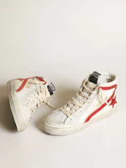 Discount Golden Goose Super-Star com estrela e lista de couro metálico vermelho Cabedal de napa branca