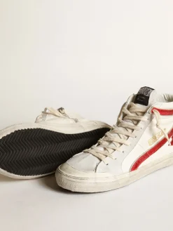 Discount Golden Goose Super-Star com estrela e lista de couro metálico vermelho Cabedal de napa branca