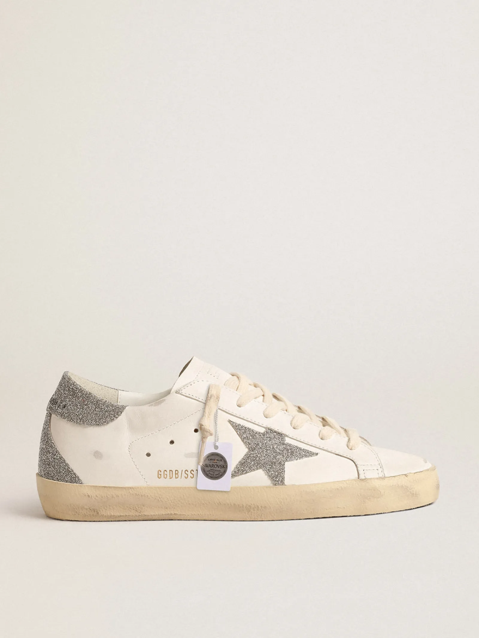 Fashion Golden Goose Super-Star com estrela e talão com cristais Swarovski prateados Cor: branco