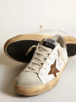 Sale Golden Goose Super-Star com estrela marrom e talão de glitter rosa Cor: branco