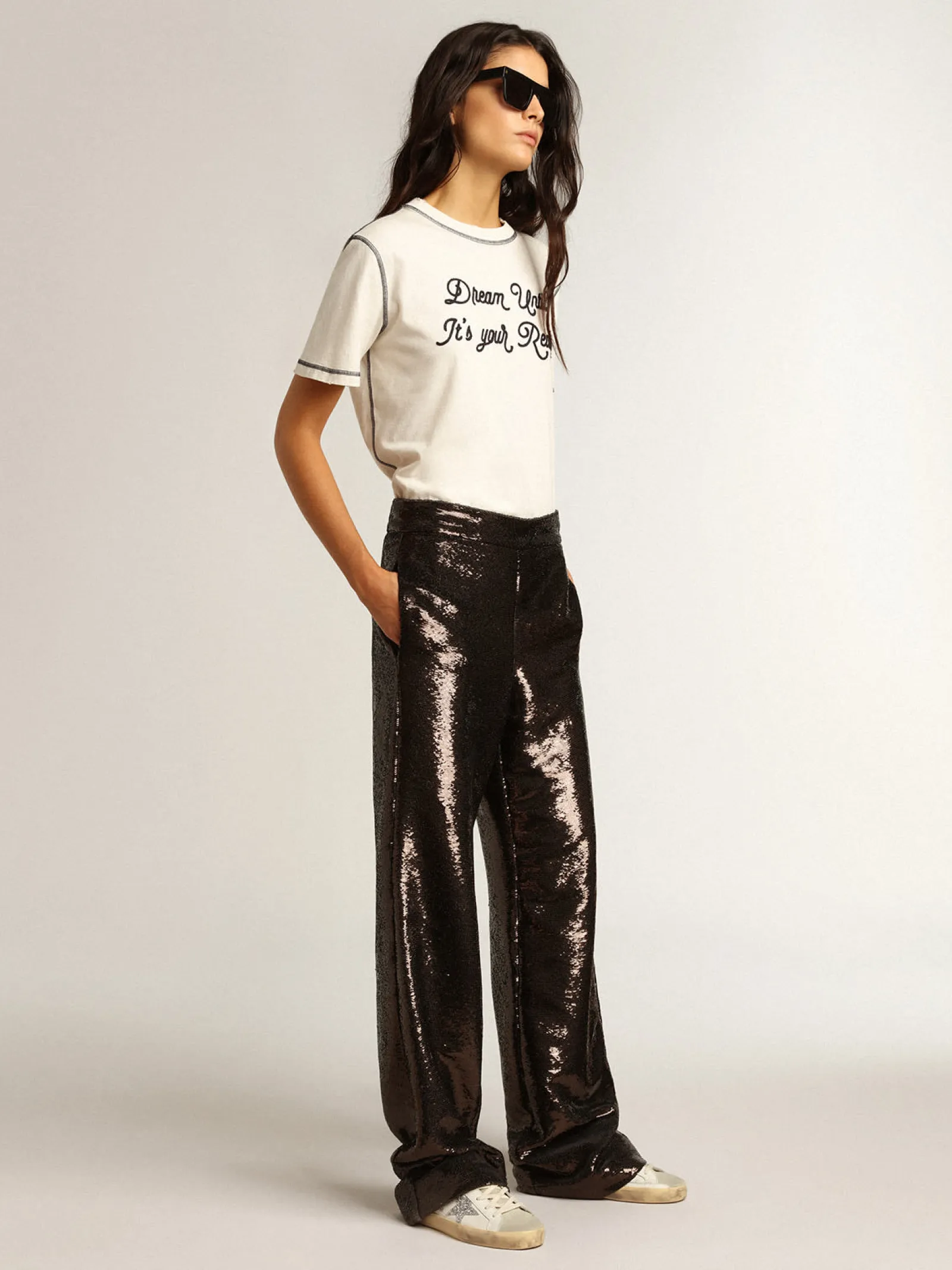 Sale Golden Goose Super-Star com estrela prateada e talão de glitter marrom Cor: branco