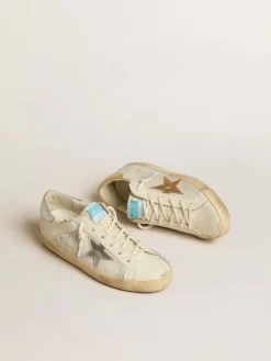 Fashion Golden Goose Super-Star de couro e suede brancos com estrela de couro prateado e dourado Cabedal de couro e suede branco sujo