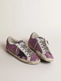 Cheap Golden Goose Super-Star de glitter cor lavanda com estrela preta Cabedal de glitter cor lavanda