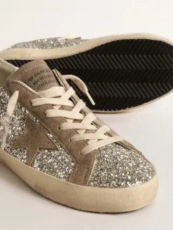 Cheap Golden Goose Super-Star de glitter platina com estrela de suede havana-rosado Cabedal de glitter platina