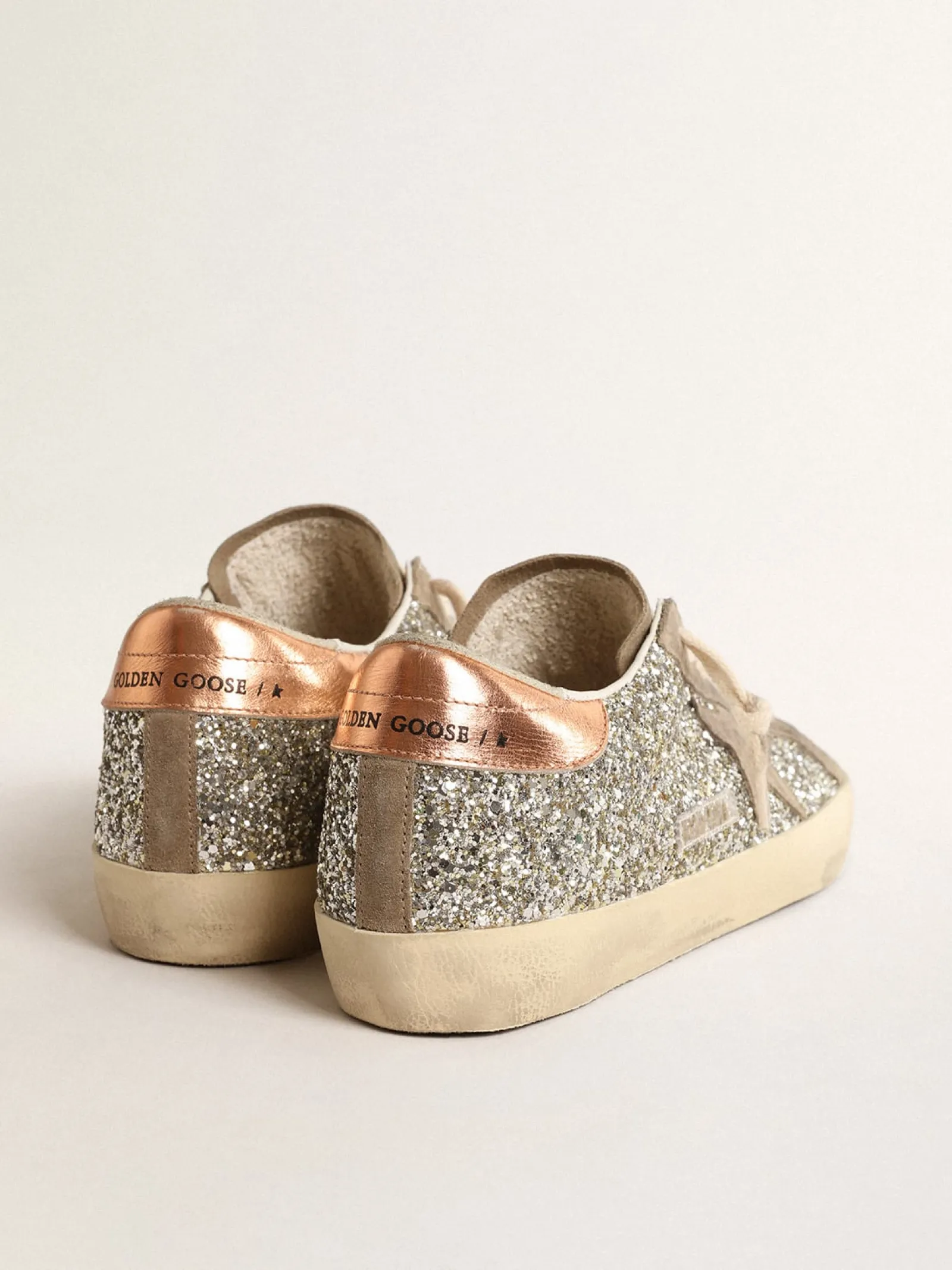 Cheap Golden Goose Super-Star de glitter platina com estrela de suede havana-rosado Cabedal de glitter platina