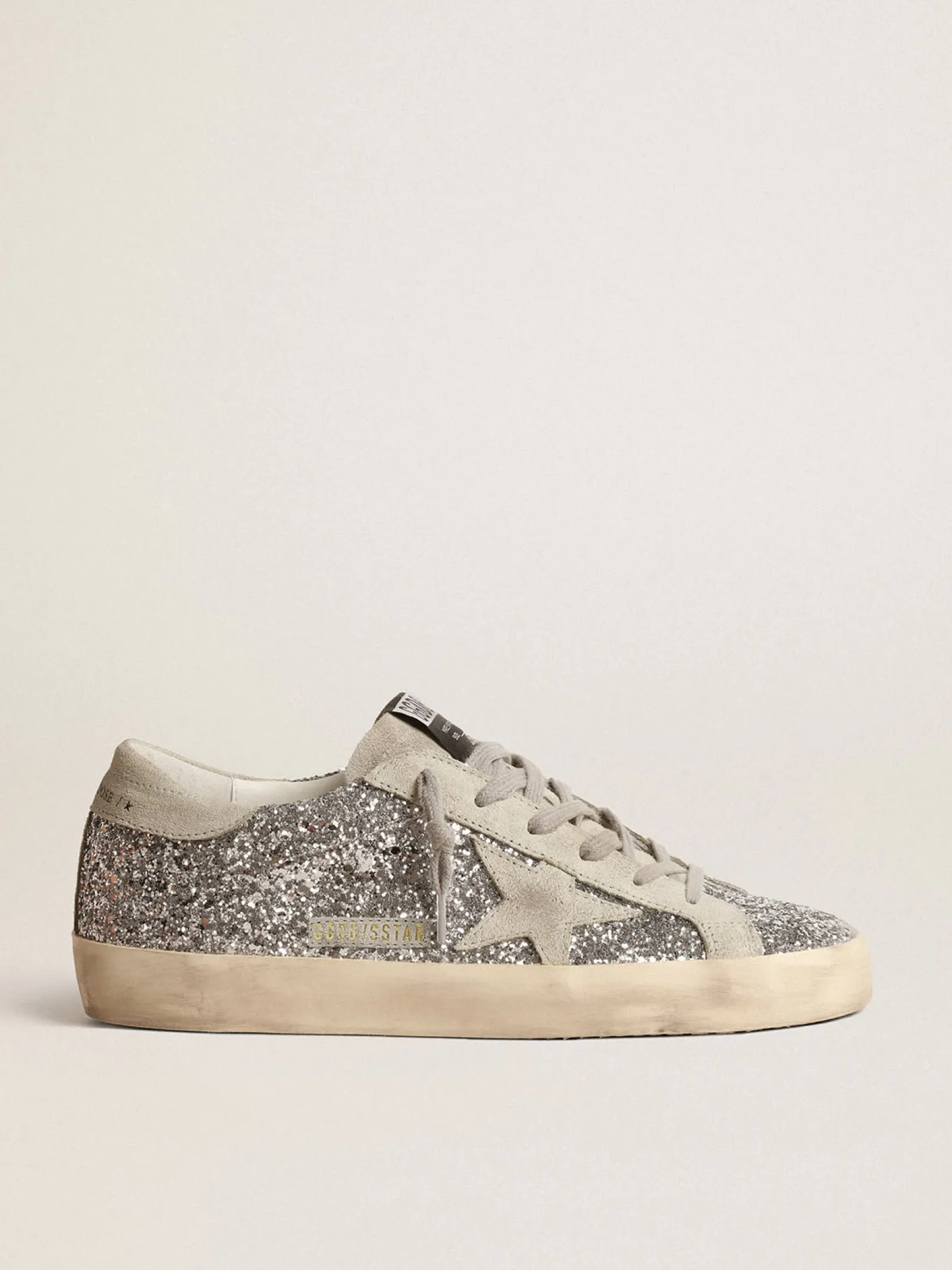 Online Golden Goose Super-Star de glitter prateado com estrela de suede cinza gelo Cabedal de glitter prateado