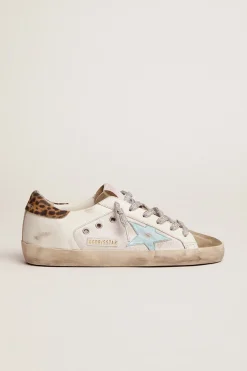 Outlet Golden Goose Super-Star de lona e couro com estrela azul e talão leopardo Cabedal de lona e couro brancos