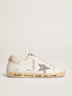 Best Golden Goose Super-Star feminino com estrela de glitter prateado e talão com estampa de leopardo Cor: branco