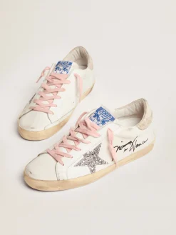 Best Golden Goose Super-Star feminino com estrela de glitter prateado e talão com estampa de leopardo Cor: branco