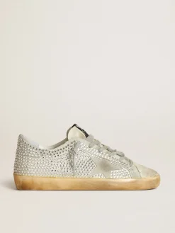 Sale Golden Goose Super-Star feminino de nubuk branco sujo e cristais prateados Cabedal de nubuk branco sujo com cristais prateados all-over