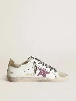 Shop Golden Goose Super-Star feminino glitter e talão dourado Cabedal: 97% couro bovino, 2% polietileno tereftalato, 1% algodão