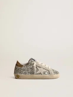 Hot Golden Goose Super-Star Junior de glitter com estrela de suede e talão dourado Cabedal de glitter platina