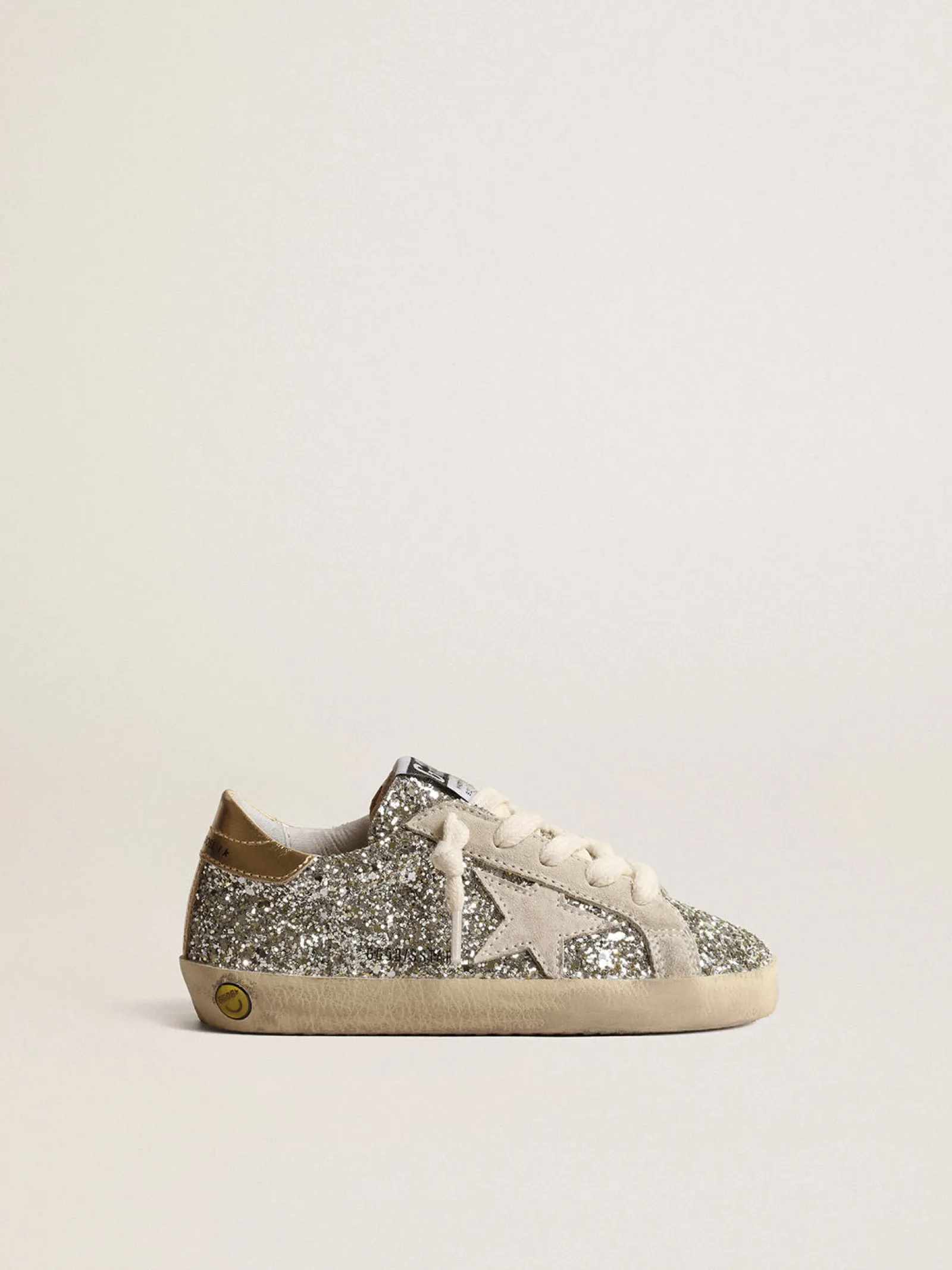 Hot Golden Goose Super-Star Junior de glitter com estrela de suede e talão dourado Cabedal de glitter platina